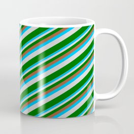 [ Thumbnail: Sienna, Deep Sky Blue, Light Gray & Dark Green Colored Lined/Striped Pattern Coffee Mug ]