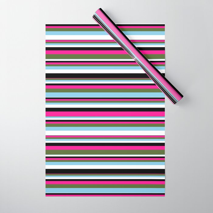 Vibrant Deep Pink, Dark Olive Green, Sky Blue, White, and Black Colored Lined/Striped Pattern Wrapping Paper