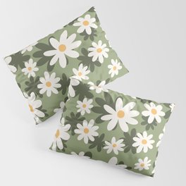 Flower Market London, Retro Daisies  Print, Green Ditsy Pattern Pillow Sham