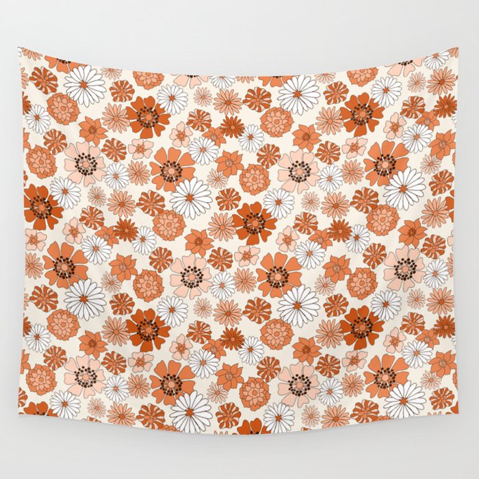 Monday Flowers - 70s retro floral, flowers, terracotta, rust, brown, earth tones, muted, happy  Wall Tapestry