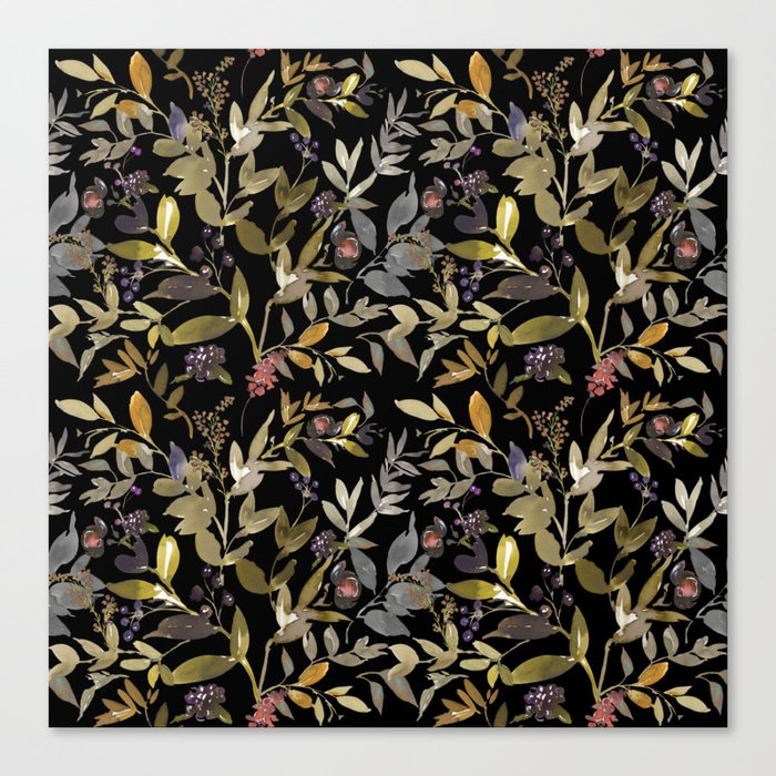 Watercolor Autumn Leaves Pattern On Black Background Canvas Print
