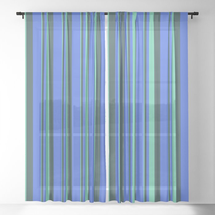 Aquamarine, Dark Slate Gray, and Royal Blue Colored Lines/Stripes Pattern Sheer Curtain