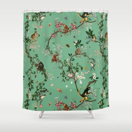 Monkey World Green Shower Curtain | Floral, Collage, Chinoiserie, Green, Ape, Jungle, Monkey, Botanical, Illustration, Nature 