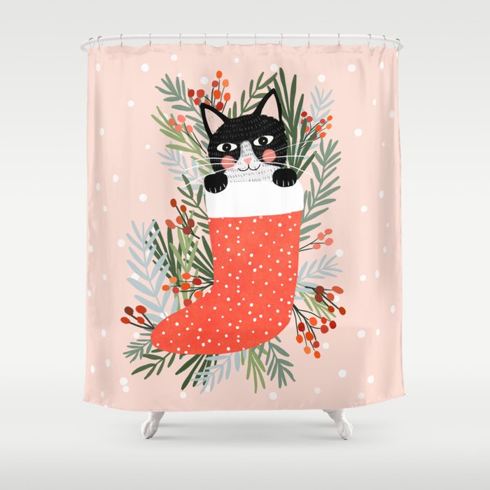 Cat On A Sock Holiday Christmas Shower Curtain By Miacharro