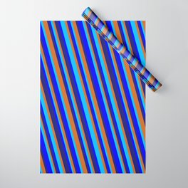[ Thumbnail: Midnight Blue, Chocolate, Deep Sky Blue & Blue Colored Striped/Lined Pattern Wrapping Paper ]