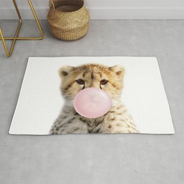 Baby Cheetah Blowing Bubble Gum, Pink Nursery, Baby Animals Art Print by Synplus Area & Throw Rug