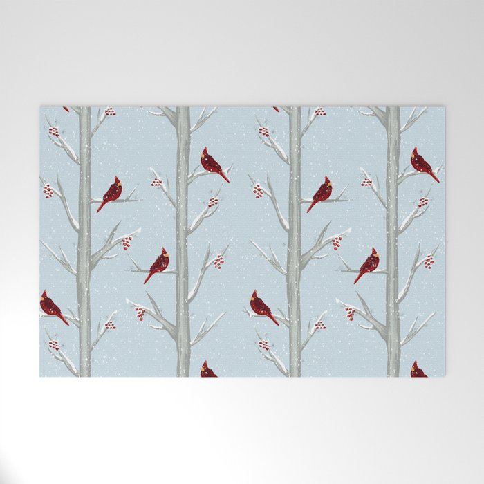 Red Cardinal Bird In The Winter Forest Welcome Mat