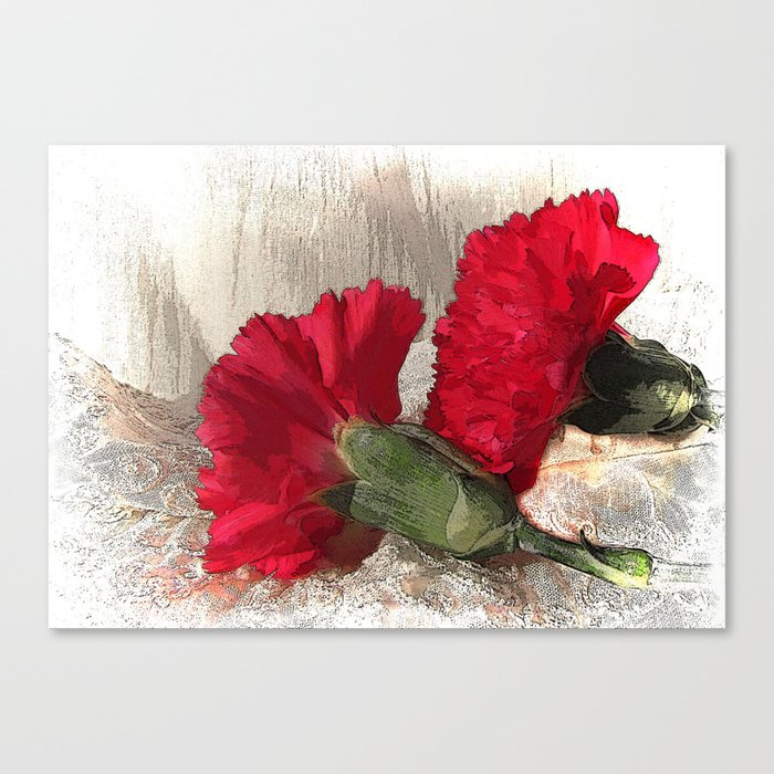 Red Carnations on Brocade Canvas Print