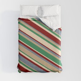 [ Thumbnail: Vibrant Light Slate Gray, Tan, Sea Green, Bisque, and Maroon Colored Lines Pattern Duvet Cover ]