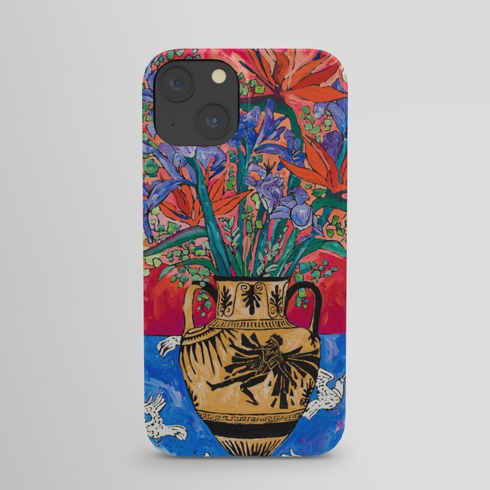 Icarus Floral Still Life Painting with Greek Urn, Irises and Bird of Paradise Flowers iPhone Case