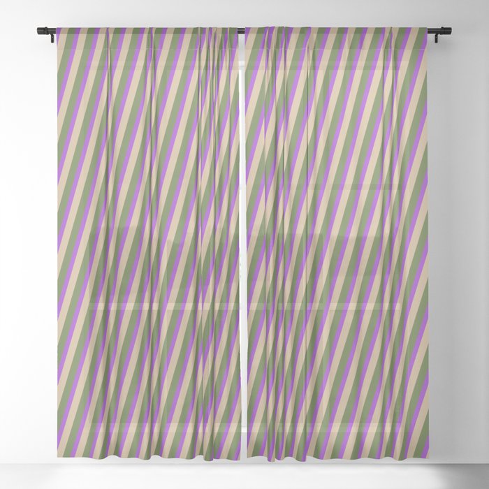 Dark Orchid, Tan & Dark Olive Green Colored Lined Pattern Sheer Curtain