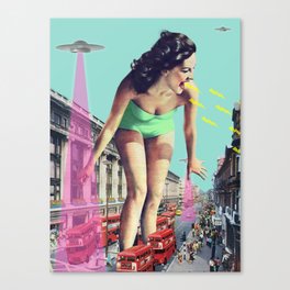 Rush Hour Madness Canvas Print | Feminist, Collage, Ufos, London, City, 60S, Surreal, Vintage, Extraterrestrial, Girl Power 