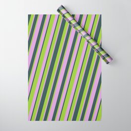 [ Thumbnail: Plum, Dark Slate Gray, and Green Colored Lines Pattern Wrapping Paper ]