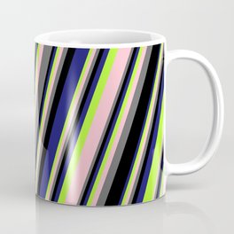 [ Thumbnail: Eye-catching Midnight Blue, Light Green, Pink, Dim Grey, and Black Colored Striped Pattern Coffee Mug ]