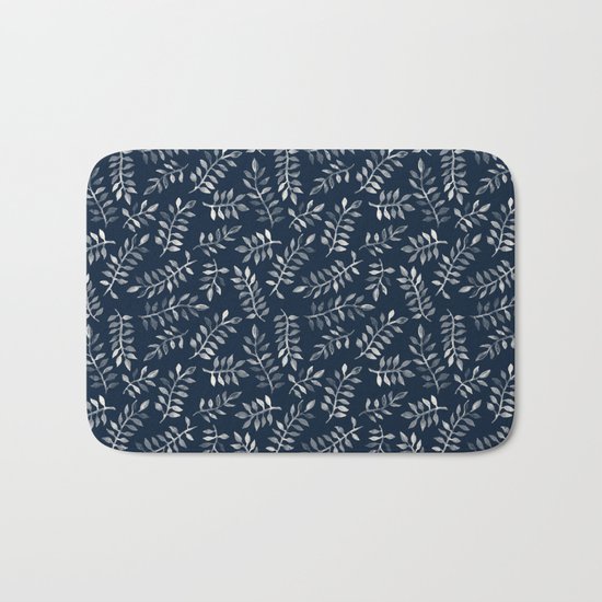 White Leaves on Navy - a hand painted pattern Bath Mat
