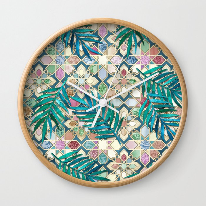 Muted Moroccan Mosaic Tiles with Palm Leaves Wall Clock