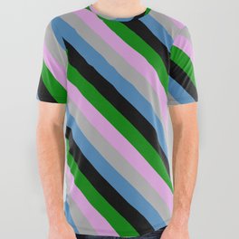 [ Thumbnail: Vibrant Plum, Dark Grey, Blue, Black & Green Colored Stripes Pattern All Over Graphic Tee ]