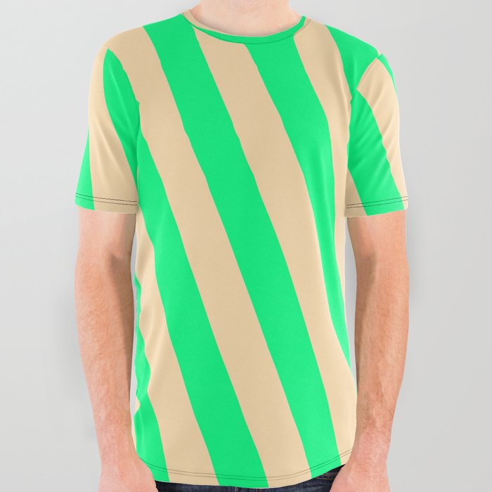 Green and Tan Colored Pattern of Stripes All Over Graphic Tee