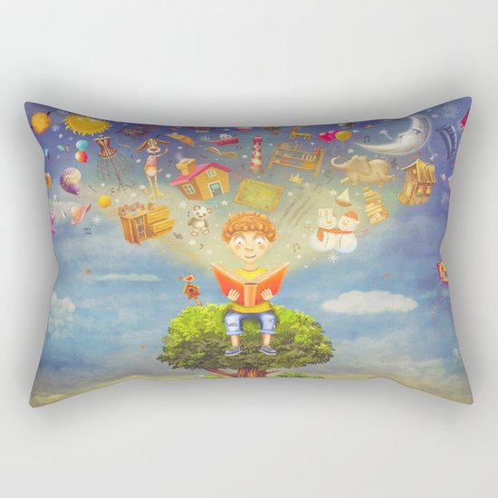 Little boy sitting on the tree and reading a book, objects flying out Rectangular Pillow