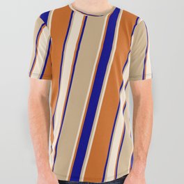 [ Thumbnail: Tan, Beige, Chocolate & Dark Blue Colored Lines Pattern All Over Graphic Tee ]