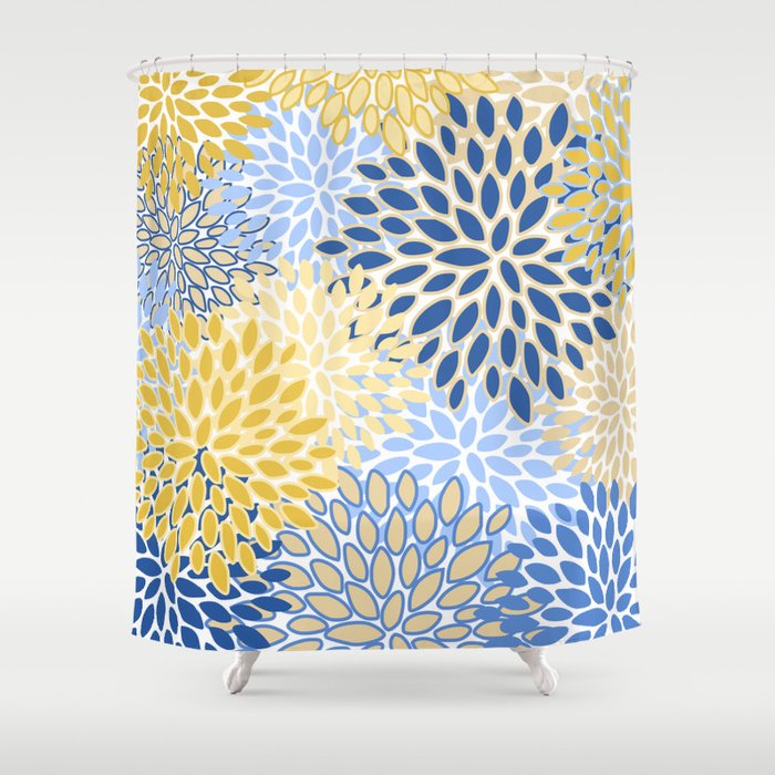 Modern, Floral Prints, Summer, Yellow and Blue Shower Curtain