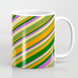 [ Thumbnail: Tan, Green, Dark Orange, Dark Green & Orchid Colored Lines Pattern Coffee Mug ]