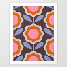 HELLO BOLD RETRO DAISY FLOWERS PATTERN IN BLOOM 3. BROWN Art Print