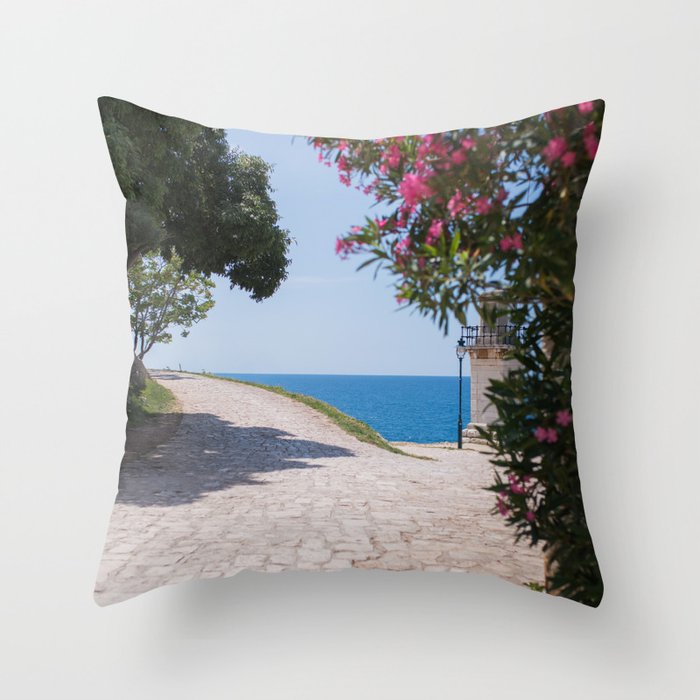 The path to the Adriatic Sea | Mediterranean sea view with oleander flowers | Colorful Rovinj in Croatia Throw Pillow
