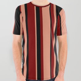 [ Thumbnail: Dark Salmon, Black & Maroon Colored Pattern of Stripes All Over Graphic Tee ]