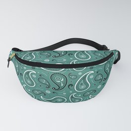 Black and White Paisley Pattern on Green Blue Background Fanny Pack