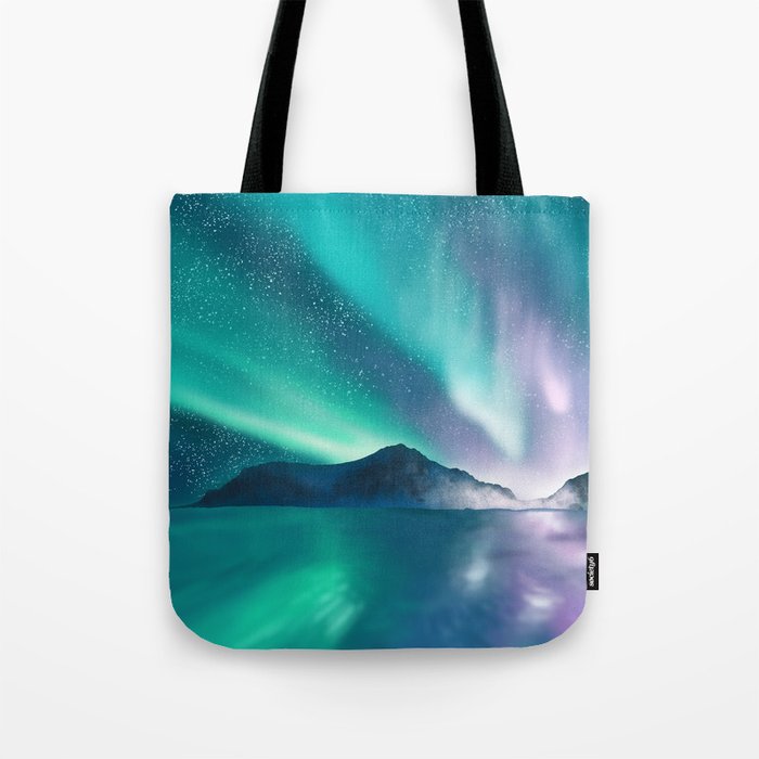 Aurora boralis - polar lights - illustration of admiration of the wonderful landscape with mountains, sky and sea. Tote Bag