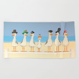 Seagulls with Hats Beach Towel