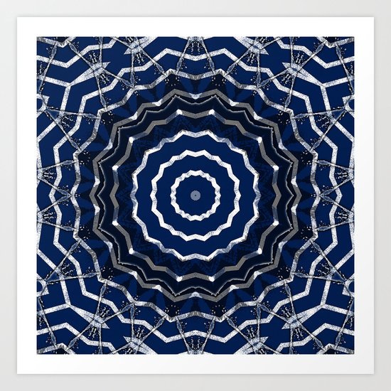Blue stripes on white grunge textured kaleidoscope Art Print
