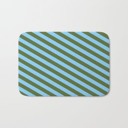 [ Thumbnail: Dark Olive Green & Light Sky Blue Colored Lines Pattern Bath Mat ]