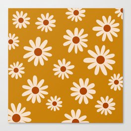 70s Hand Drawn Flower Power Daisies Florals in Yellow, Cream & Brown Canvas Print