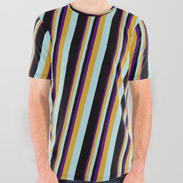 [ Thumbnail: Indigo, Goldenrod, Powder Blue & Black Colored Lines Pattern All Over Graphic Tee ]