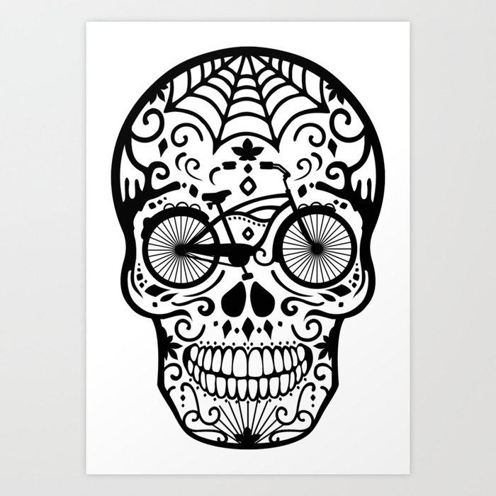 Vintage Mexican Skull With Bicycle Black And White Art Print By Xooxoo