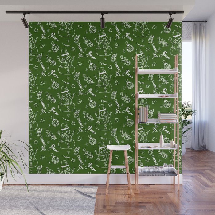 Green and White Christmas Snowman Doodle Pattern Wall Mural