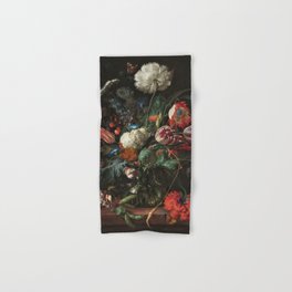 Still Life Parrot Tulips, Peonies, Hibiscus, Hydranga, Periwinkle Flowers in Vase by Jan de Heem Hand & Bath Towel