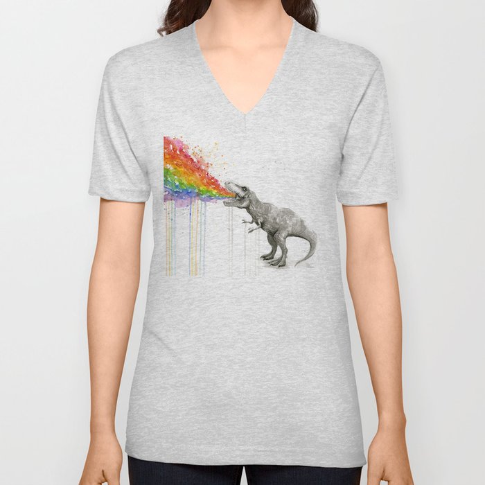 T-Rex Dinosaur Rainbow Puke Taste the Rainbow Watercolor V Neck T Shirt