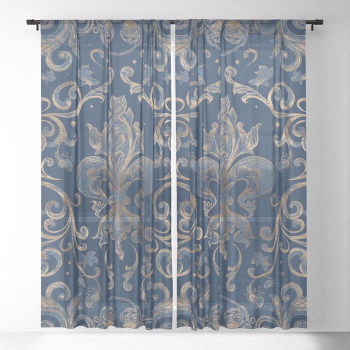 Fleur-de-lis ornament Blue Marble and Gold Sheer Curtain