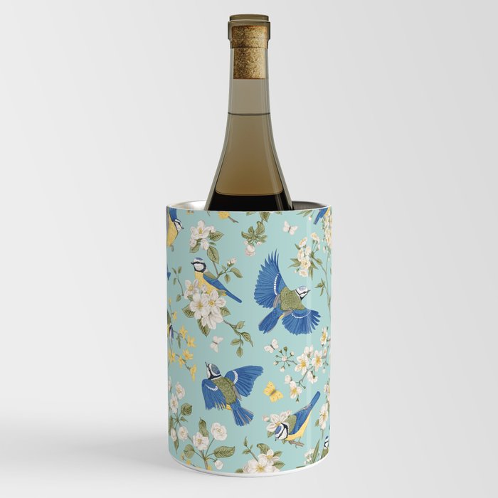 Seamless vintage pattern with tits and blooming trees. Birds and flowers. Chinoiserie Wine Chiller