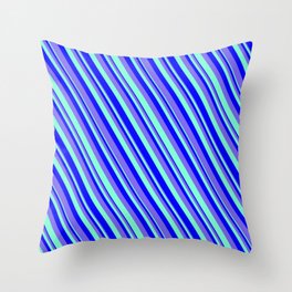 [ Thumbnail: Blue, Medium Slate Blue & Aquamarine Colored Pattern of Stripes Throw Pillow ]