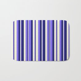 [ Thumbnail: Beige, Medium Slate Blue & Midnight Blue Colored Lined Pattern Bath Mat ]