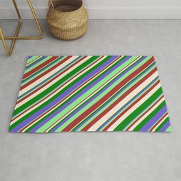 [ Thumbnail: Slate Blue, Light Green, Brown, Beige & Green Colored Pattern of Stripes Rug ]