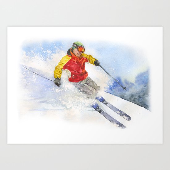 Skier, watercolor paintingon . Art Print