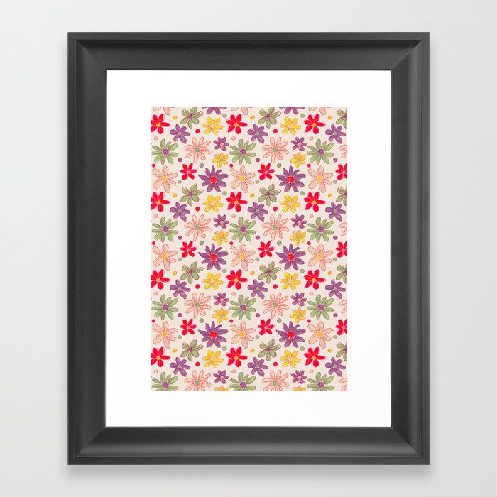 Retro Daisies & Dots Framed Art Print