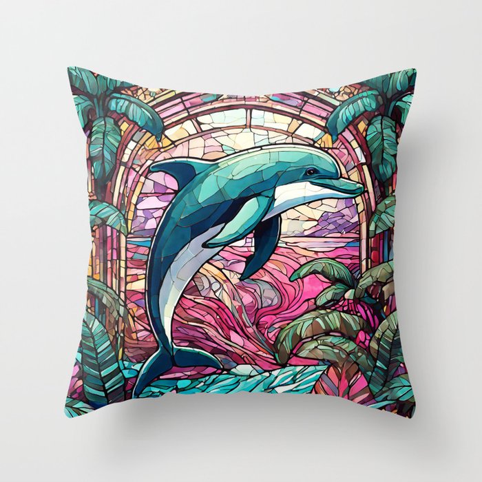 Stained Glass Dolphin in pink Throw Pillow