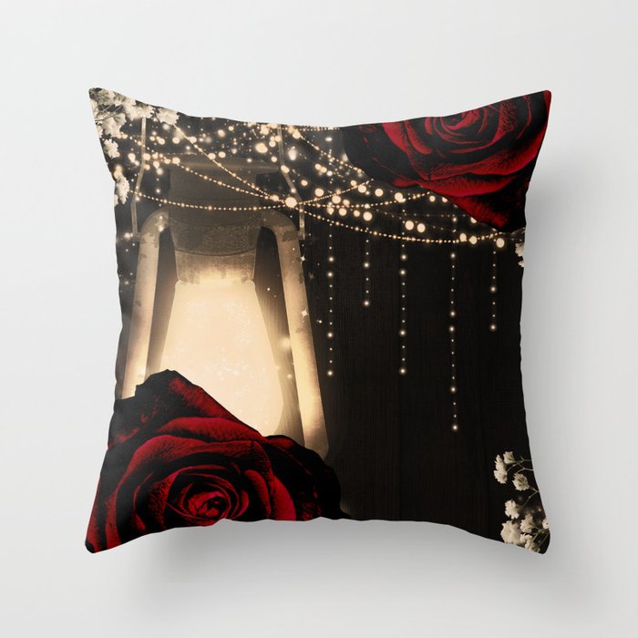 Rustic Glow Lantern Dark Red Roses Throw Pillow by Christyne
