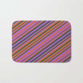 [ Thumbnail: Chocolate, Dark Slate Gray, and Orchid Colored Striped Pattern Bath Mat ]